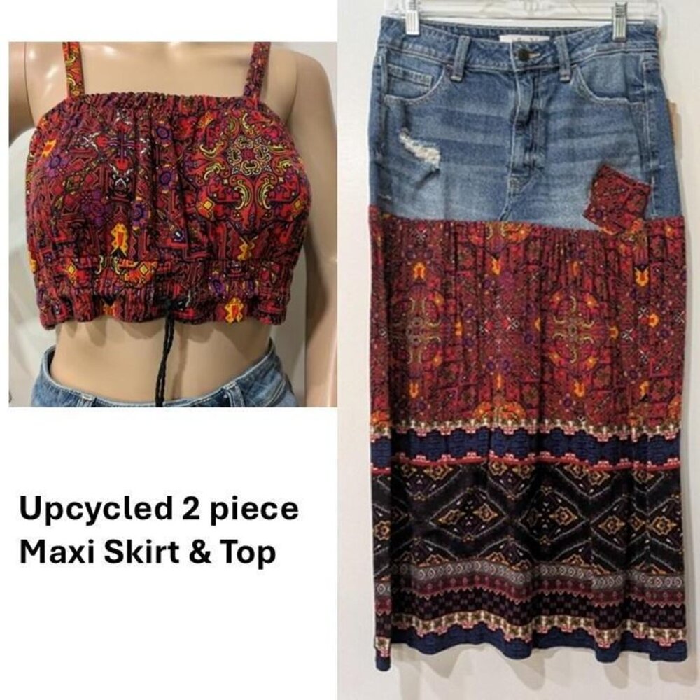 Upcycled 2 piece Maxi Skirt & Top (A marriage of a  Sz. S Jean to a Rayon Skirt)